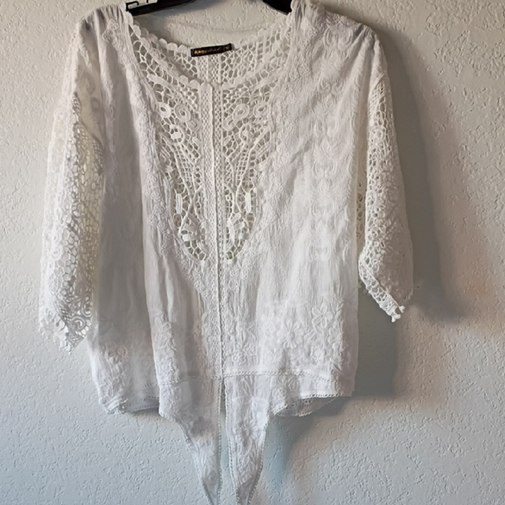 Spiaggia Dolce women’s Cotton & Crochet Embroidery Boho Top Blouse Size M
